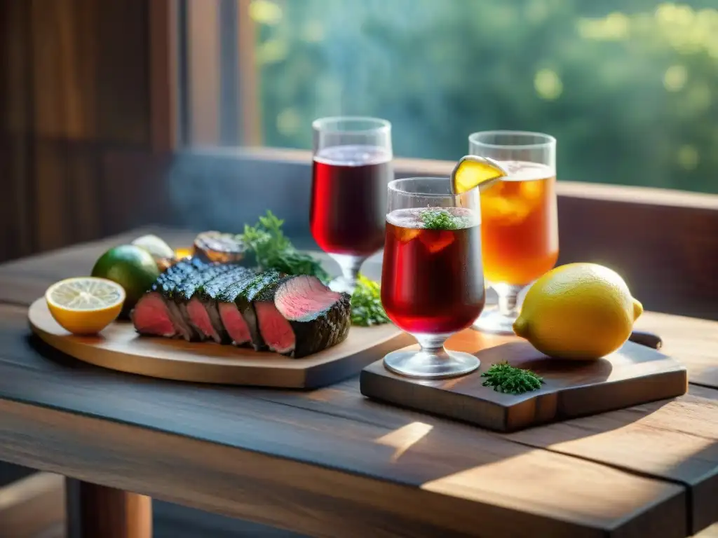 Una mesa rústica de madera con bebidas caseras y asado uruguayo, resplandece con luz cálida, realzando colores y texturas