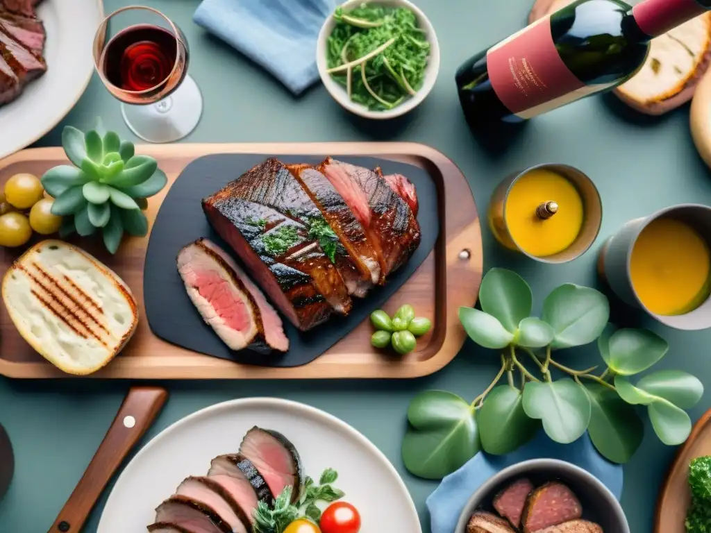 Una mesa rústica de madera con exquisitas carnes asadas y vinos uruguayos