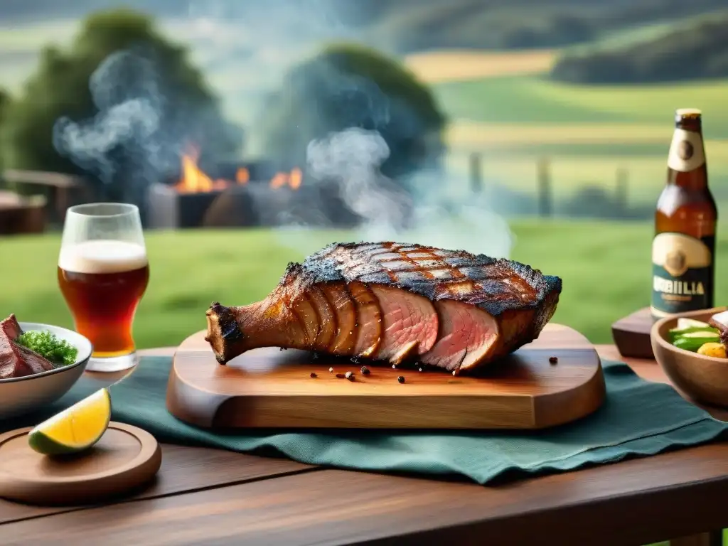 Una mesa rústica de madera con exquisitos cortes de asado uruguayo y cervezas artesanales uruguayas maridaje asado, en un entorno campestre