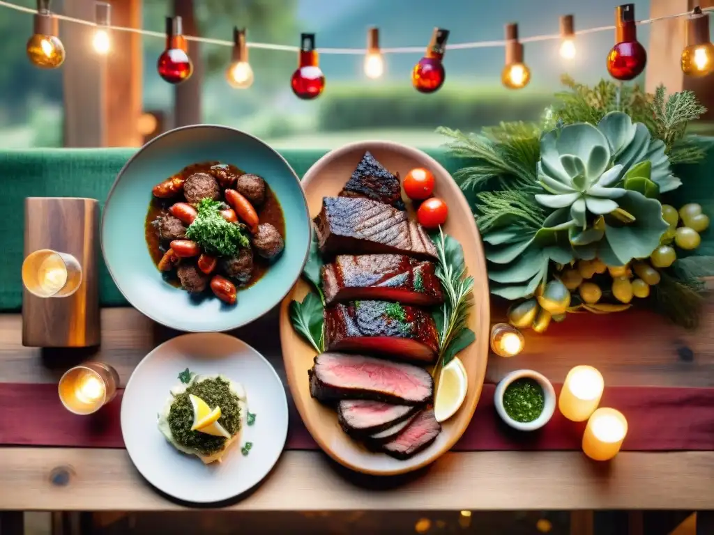 Una mesa rústica de madera con un festín de asado uruguayo y maridaje tradicional, rodeada de verdor y luces cálidas