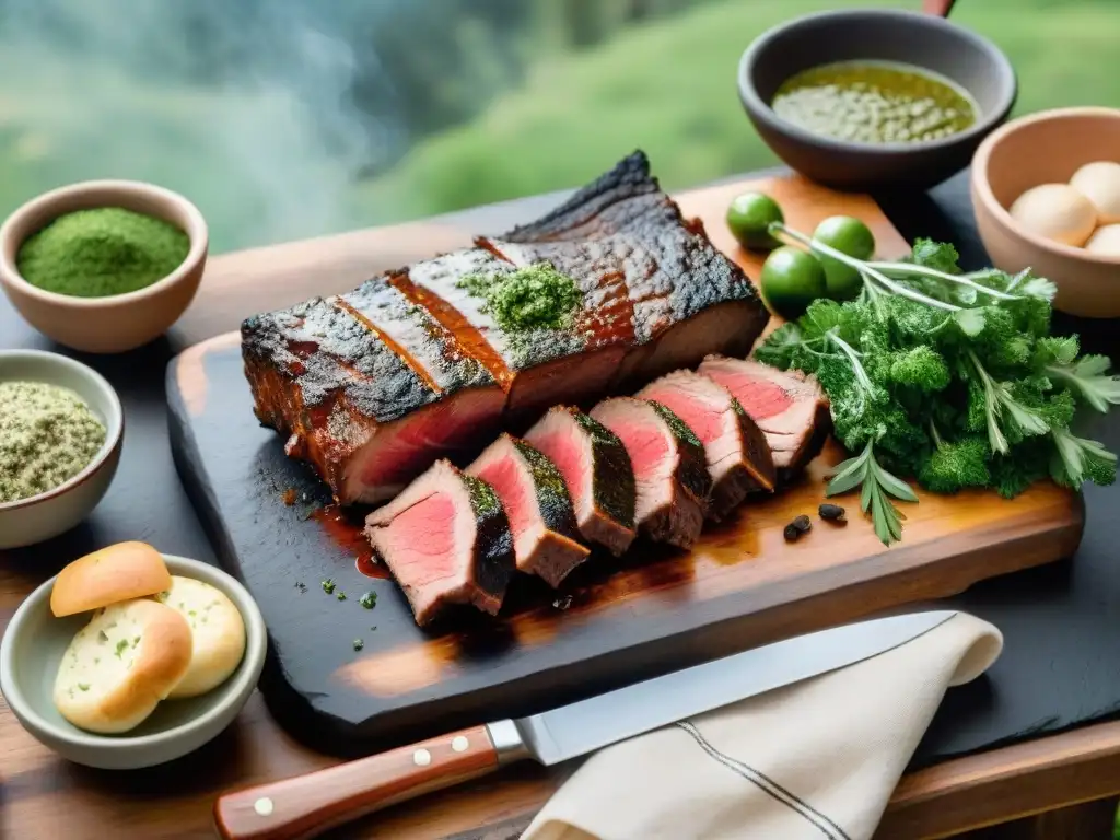 Una mesa rústica de madera muestra ingredientes e utensilios para un tradicional asado uruguayo