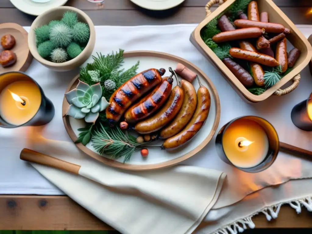 Una mesa rústica de madera lista para un asado invernal, con maridaje de vinos blanco y rosado, velas y mantas acogedoras