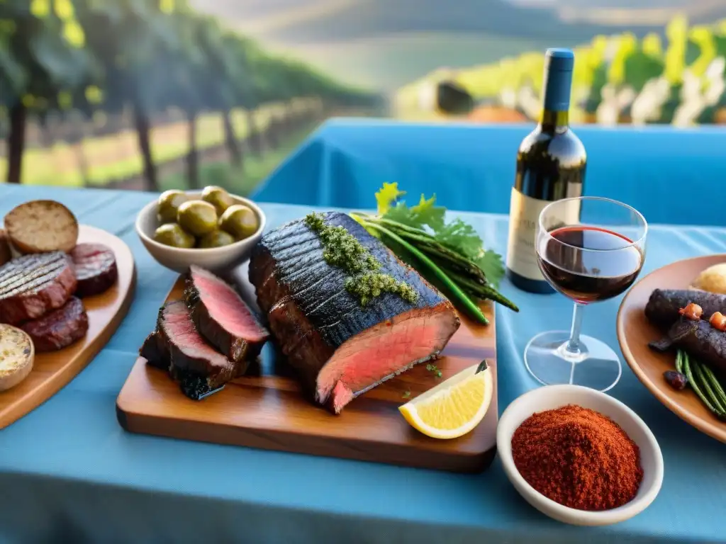 Una mesa rústica de madera preparada para un asado uruguayo al aire libre con maridaje vino asado uruguayo