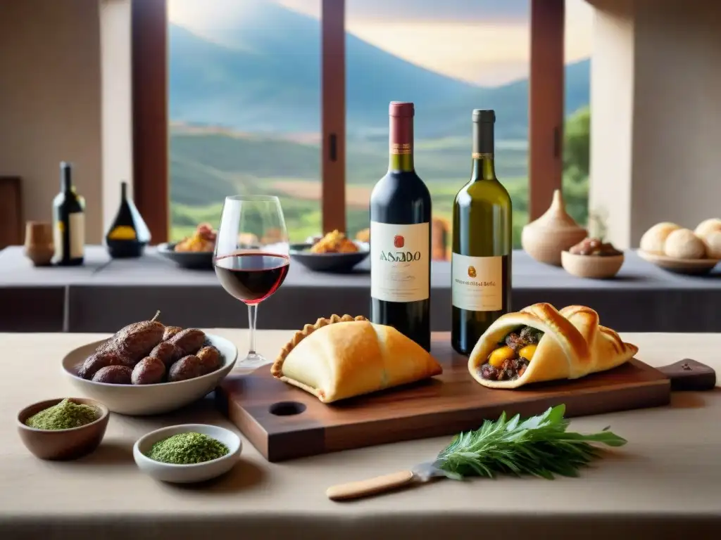 Una mesa rústica de madera con vinos uruguayos maridaje asado y platos tradicionales sudamericanos, iluminada por la luz cálida del sol
