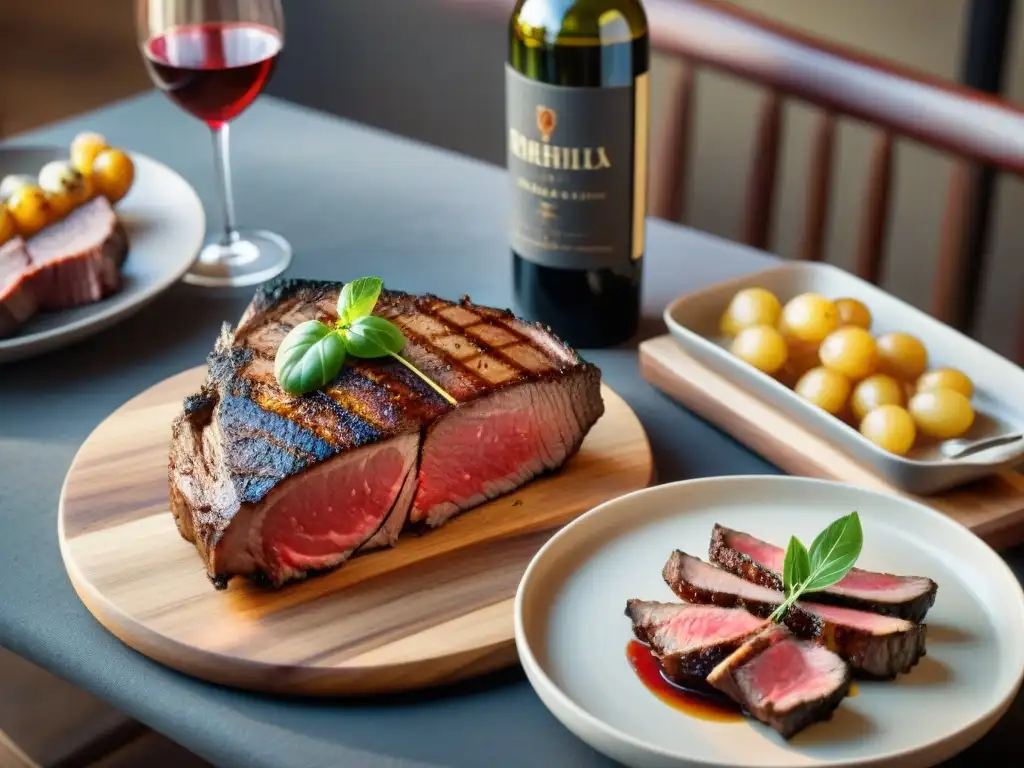 Una mesa rústica de madera con vinos orgánicos y asado sostenible, bañada por cálida luz solar