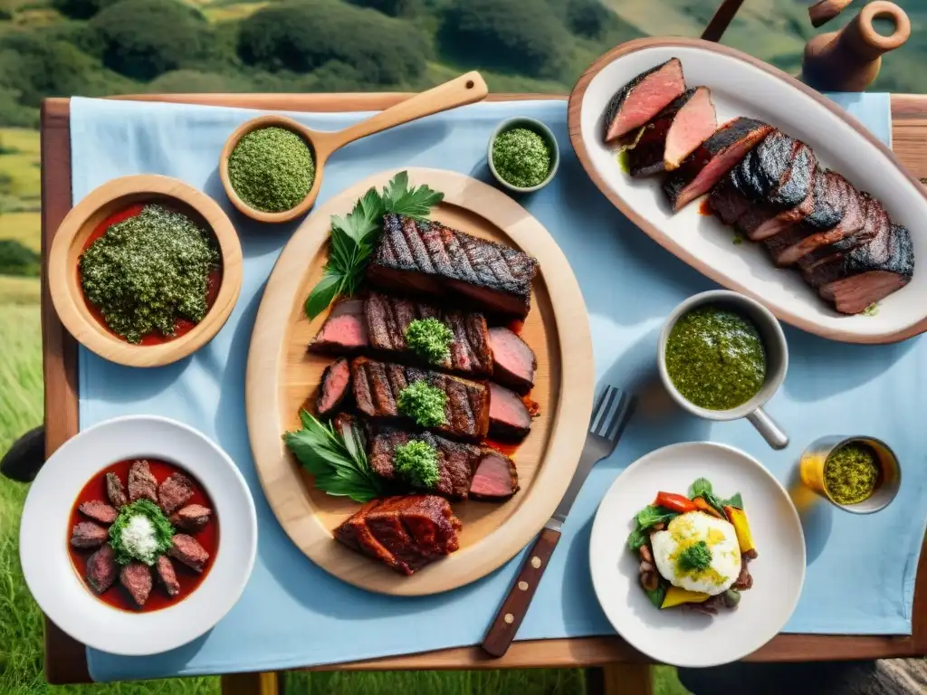 Una mesa rústica en un paisaje campestre, con asado uruguayo y maridaje para asado uruguayo