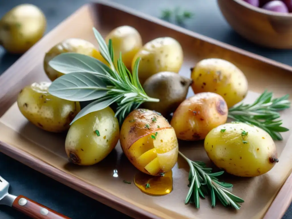 Una mesa rústica con papas asadas perfectas recetas guía, bañadas en hierbas y especias, bajo una cálida luz natural