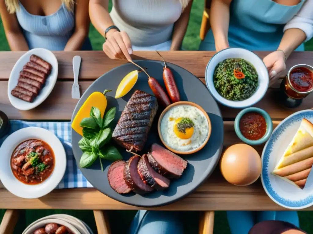 Una mesa rustica con platos de asado uruguayo rodeada de amigos y familia compartiendo anécdotas, intercambio y risas