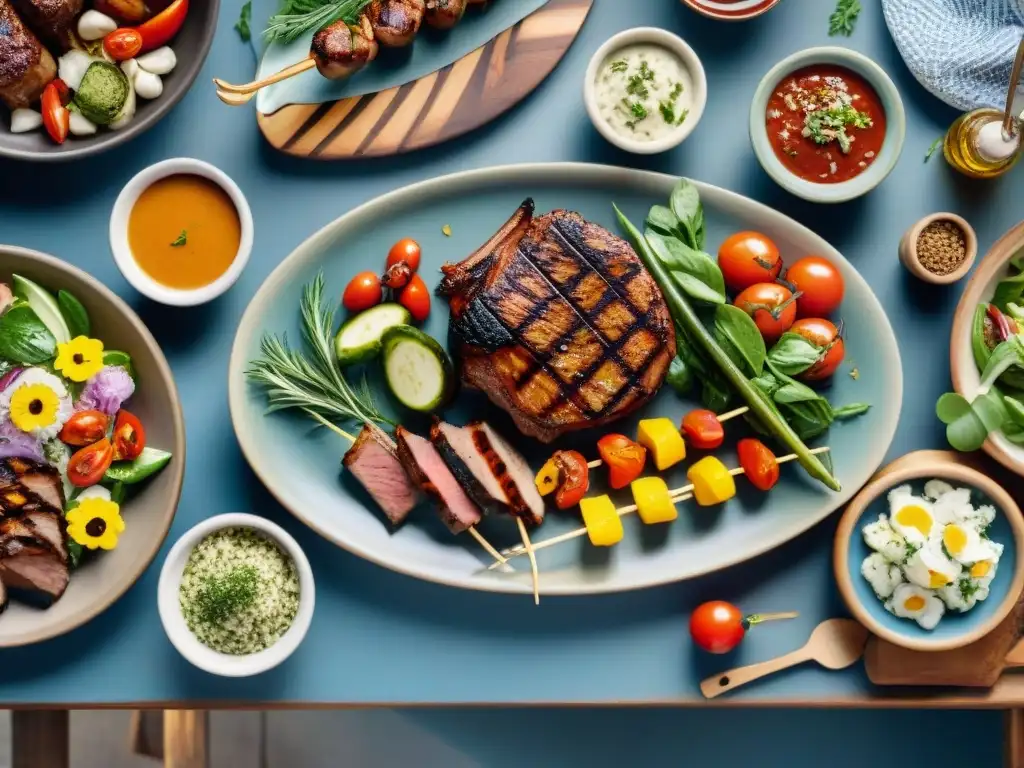 Una mesa rústica elegantemente preparada con asado perfecto y coloridas guarniciones, bañada por suave luz de tarde