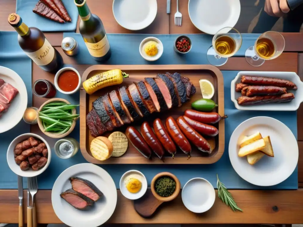 Una mesa rústica preparada para un asado uruguayo con maridaje de cervezas artesanales