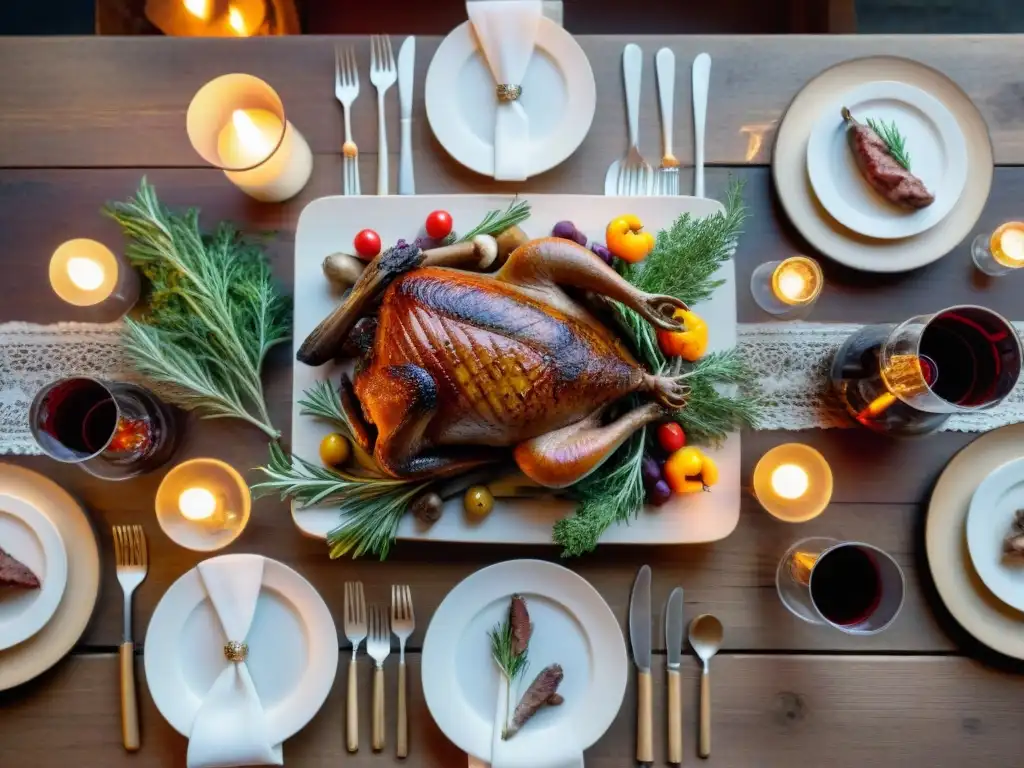 Una mesa rústica elegantemente preparada con carnes de caza para asado y acompañamientos exquisitos