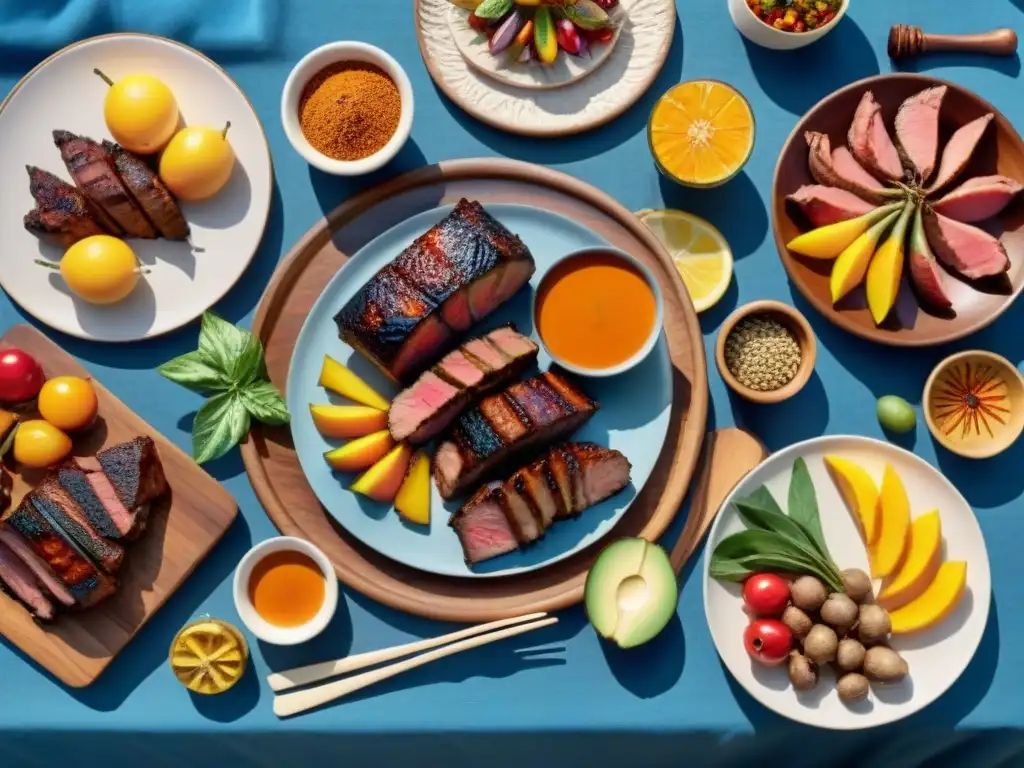 Una mesa rústica preparada para un festín multicultural en un asado, con sabores del mundo