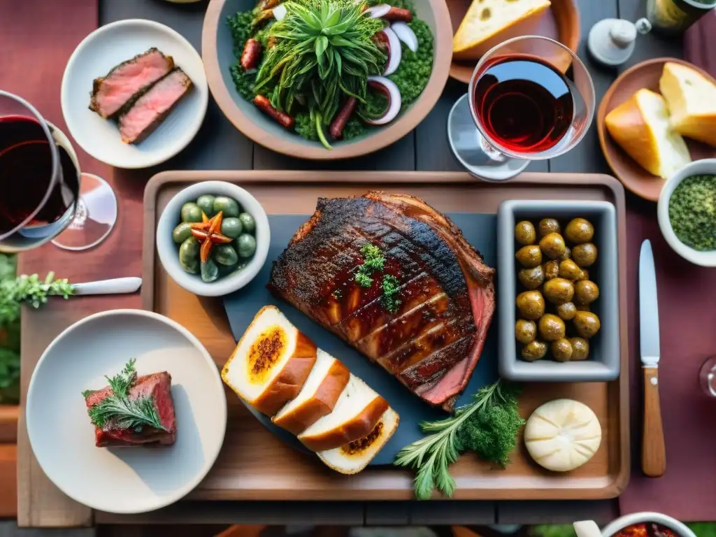 Una mesa rústica preparada para un icónico asado uruguayo con churrasco, morcilla y chorizo, chimichurri, ensalada rusa y vino Tannat