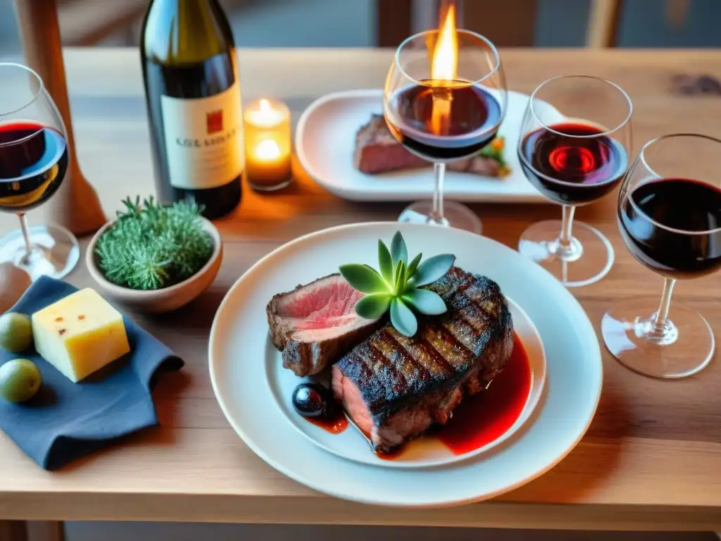 Una mesa rústica elegantemente preparada con influencia italiana y cortes de carne uruguayos, acompañada de vinos tintos exquisitos