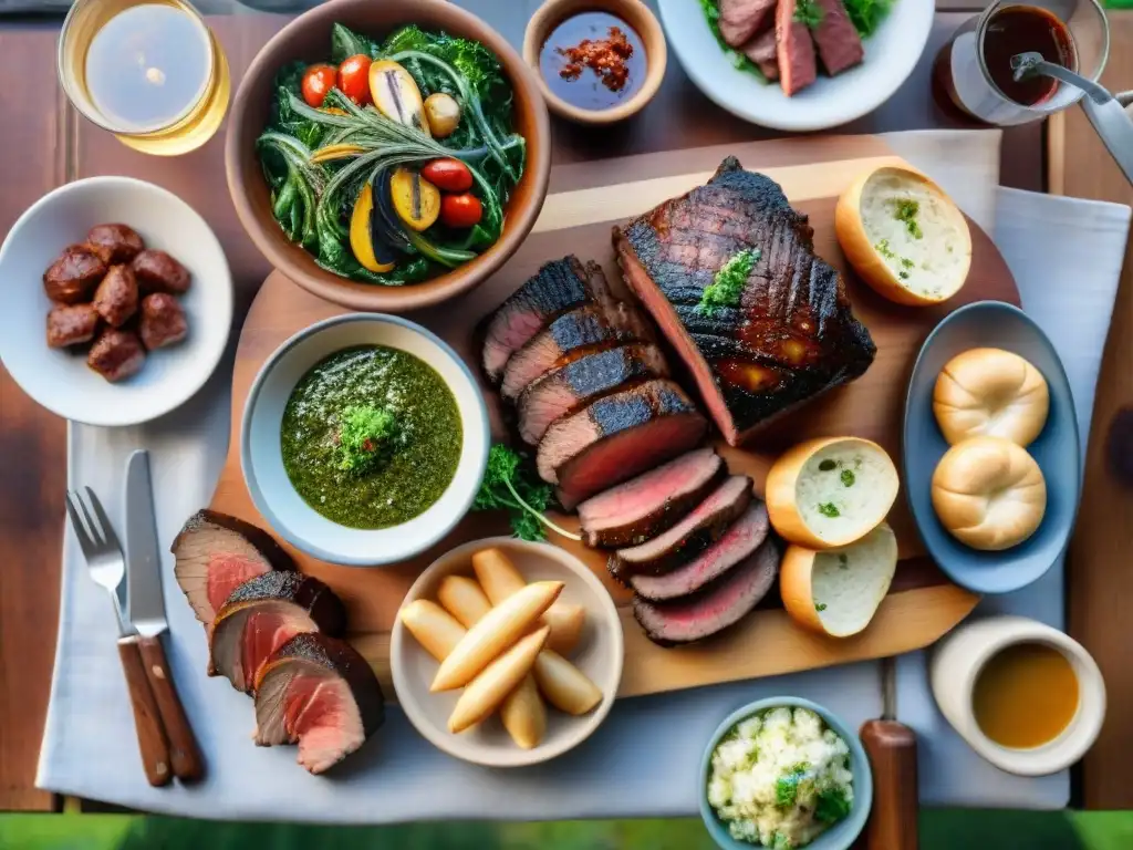 Una mesa rústica preparada para un tradicional asado uruguayo, con maridaje de vinos y una vista campestre al atardecer