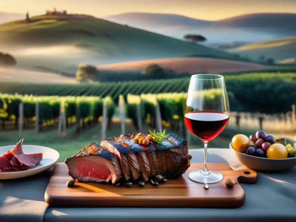 Exquisito asado uruguayo con vinos artesanales Una mesa rústica preparada con vinos uruguayos para maridar asado, carnes a la parrilla y un atardecer sereno