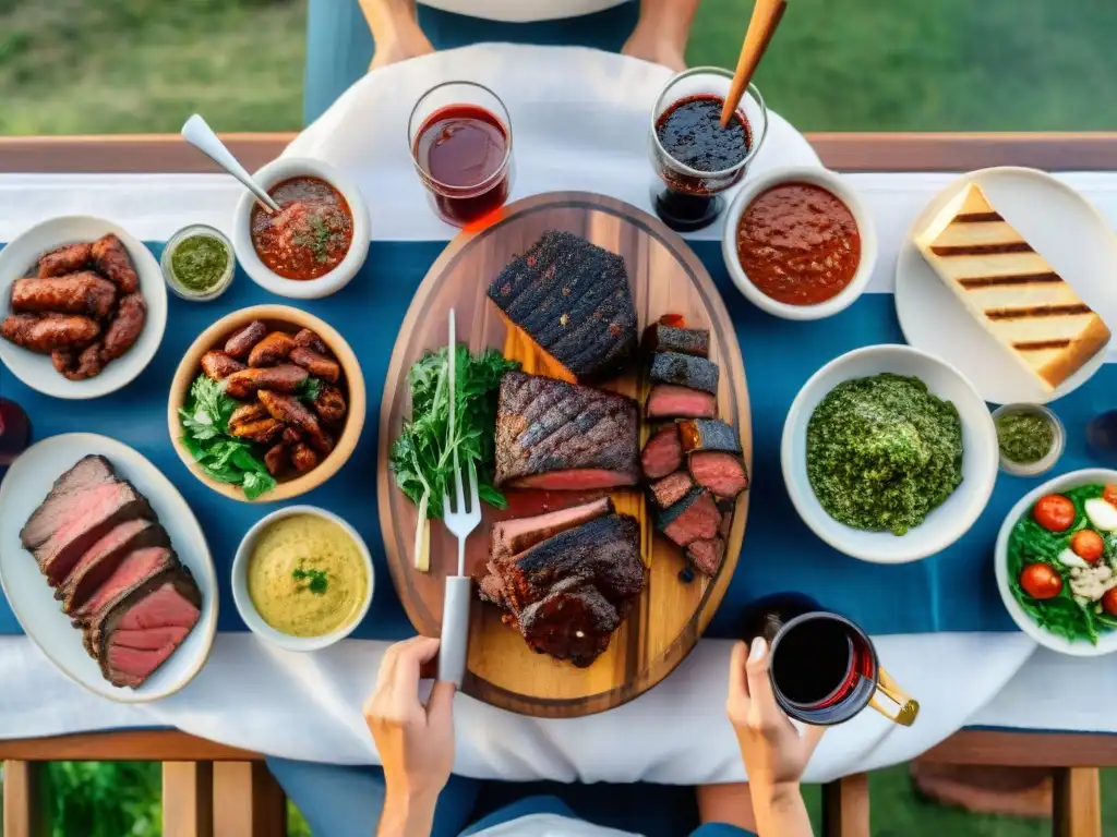 Una mesa rústica rebosante de delicias del asado uruguayo, rodeada de amigos y familia bajo el cálido sol