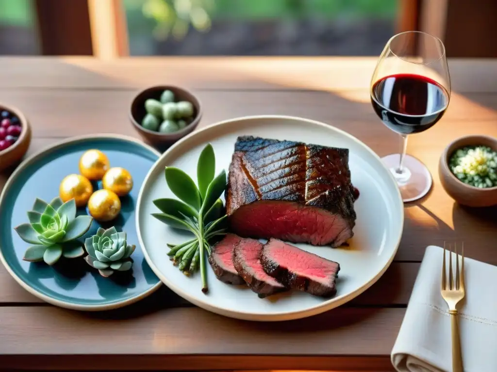 Una mesa rústica con selección de cortes de carne uruguaya y vinos tinto, en un entorno acogedor de invierno