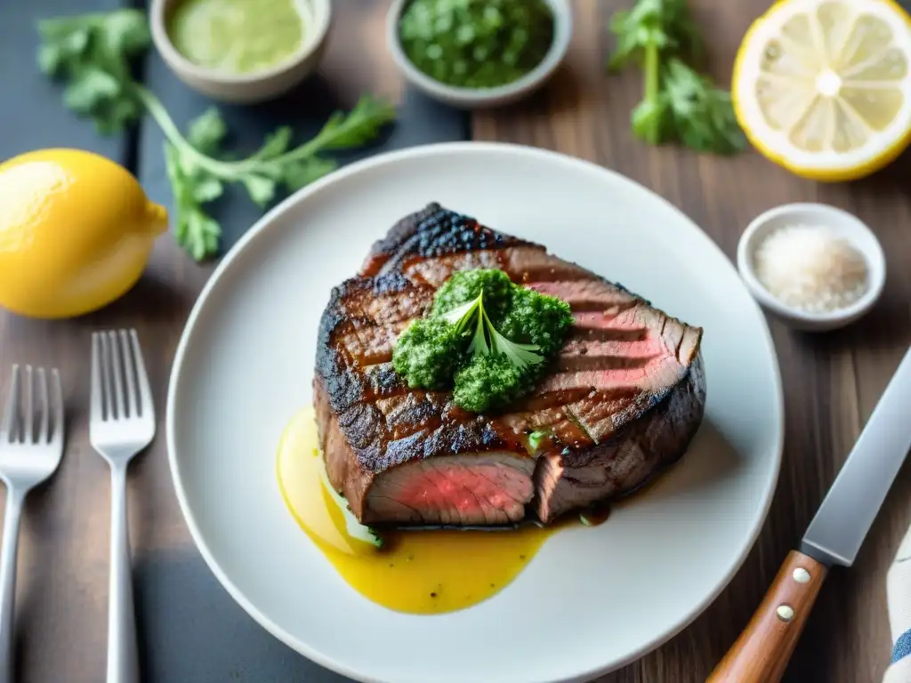 Una mesa rústica con un suculento bistec a la parrilla y chimichurri uruguayo, creando una atmósfera cálida y tentadora