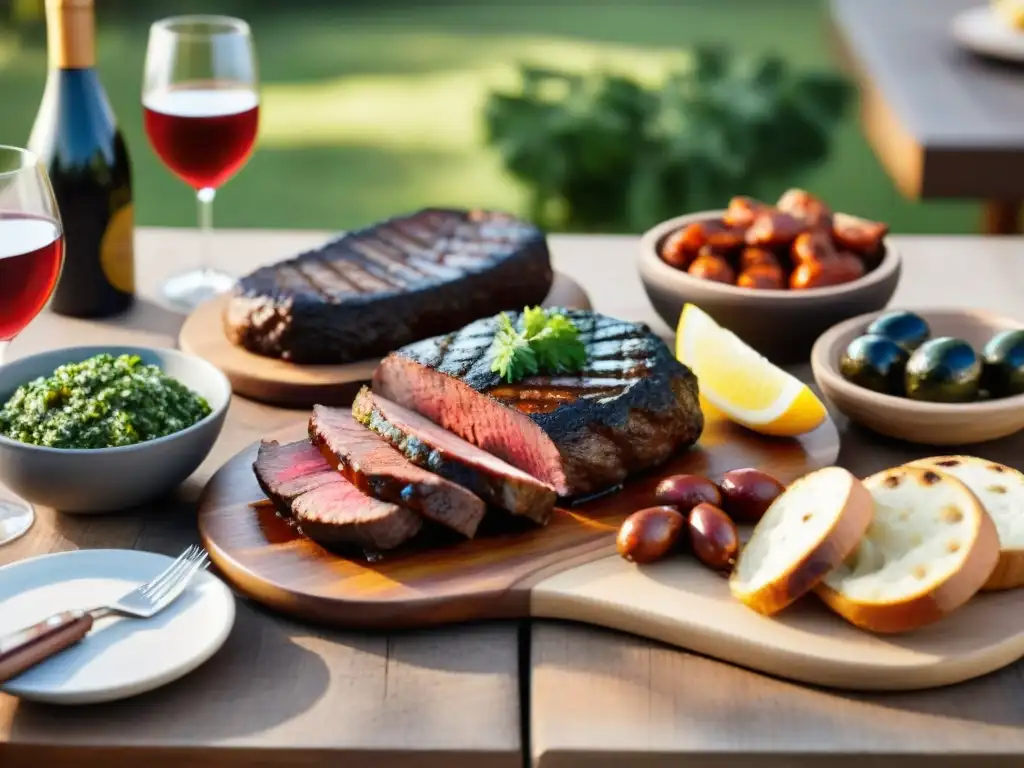 Una mesa rústica con un típico asado uruguayo: carne, chorizos, morcilla, mollejas, chimichurri, ensaladas, pan y vino Tannat