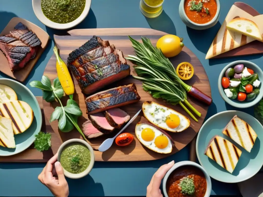 Una mesa rústica con un tradicional asado uruguayo en su esplendor, rodeada de amigos y familia disfrutando