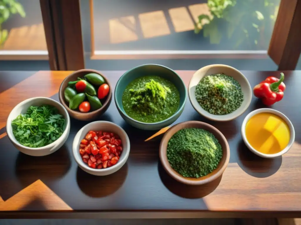 Una mesa rústica con variaciones de chimichurri en asado, destacando los colores y texturas de las salsas uruguayas