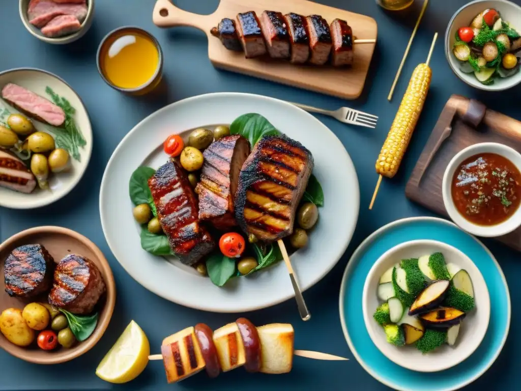 Una mesa rústica con variedad de hidromieles caseras y asado, bañada en cálida luz dorada