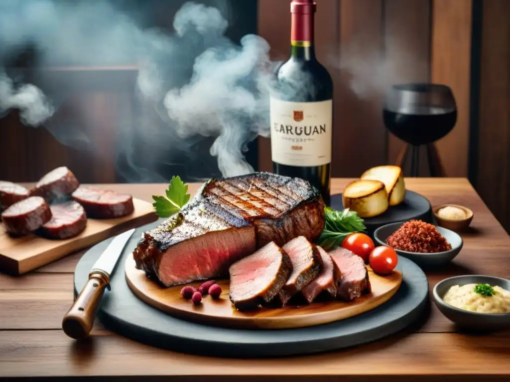 Una mesa rústica con vinos uruguayos y carnes a la parrilla, una armonía perfecta de sabores y aromas