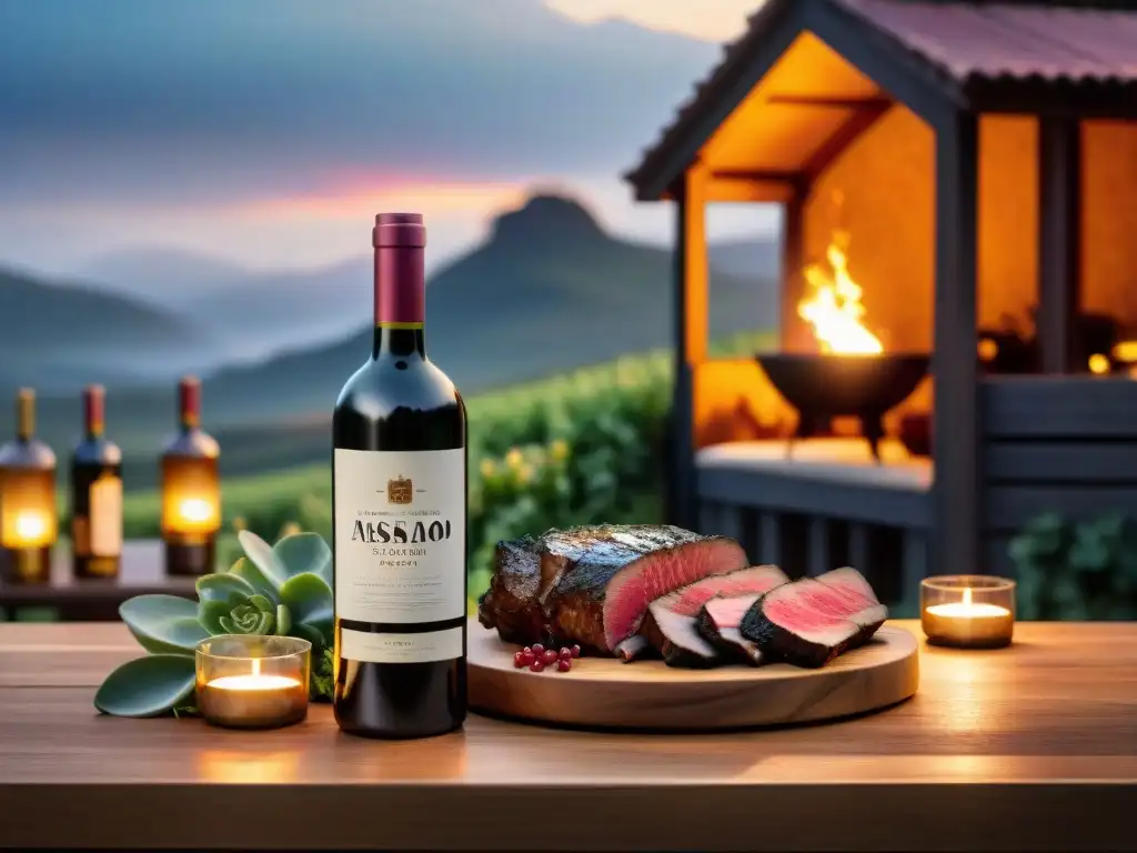 Exquisita armonía: vinos uruguayos y asado gourmet Una mesa rústica con vinos uruguayos para maridar asado, en un ambiente romántico iluminado por velas