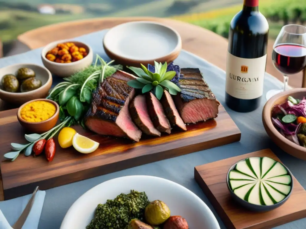 Una mesa rústica con vinos uruguayos maridaje asado, carnes y ensaladas, bañada en luz dorada, en un paisaje de viñedos