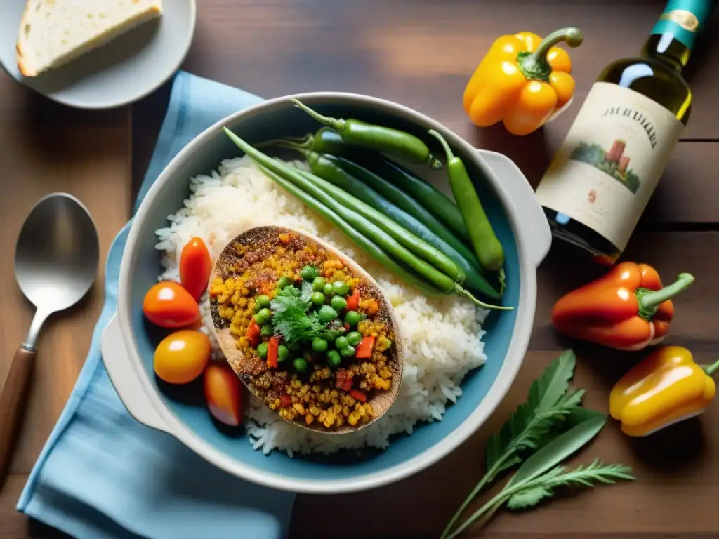 Una mesa uruguaya tradicional con un apetitoso arroz con vegetales, utensilios de madera y hierbas frescas