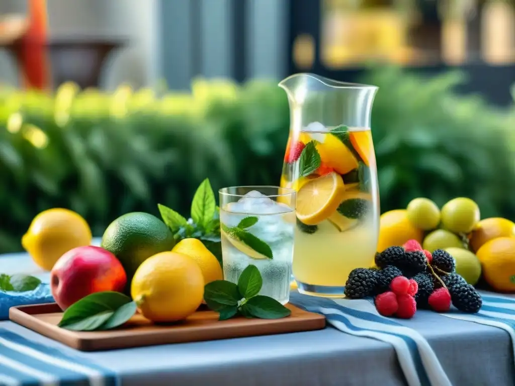 Mesa de verano con bebidas refrescantes en un asado al aire libre