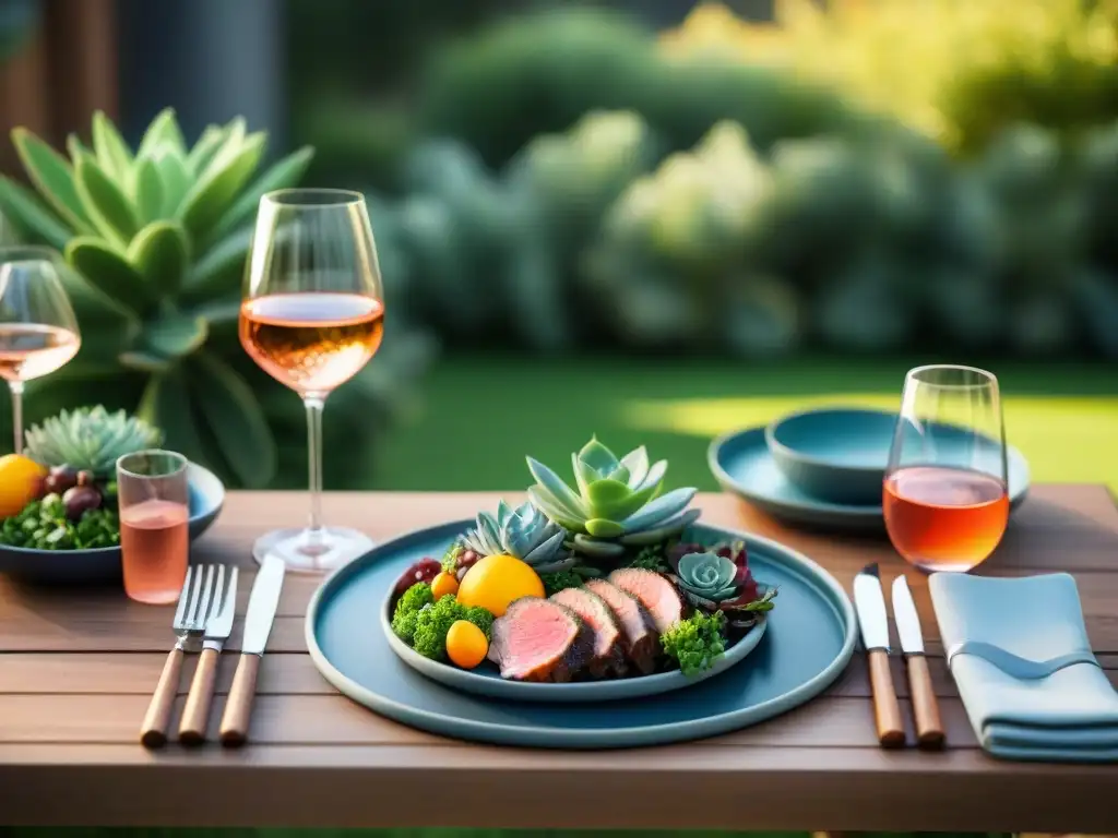 Una mesa de verano con vinos rosados y comida asada, perfecta para maridajes