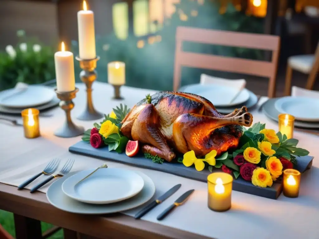 Mesas de celebración para aniversario con asado único, decoradas con elegancia y exquisiteces al aire libre