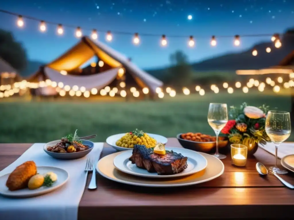 Mesas de madera para boda con asado uruguayo, cubiertos de plata y decoración floral