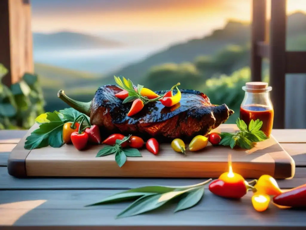 Mesita rústica con salsas tradicionales para parrilladas en un asado uruguayo al atardecer