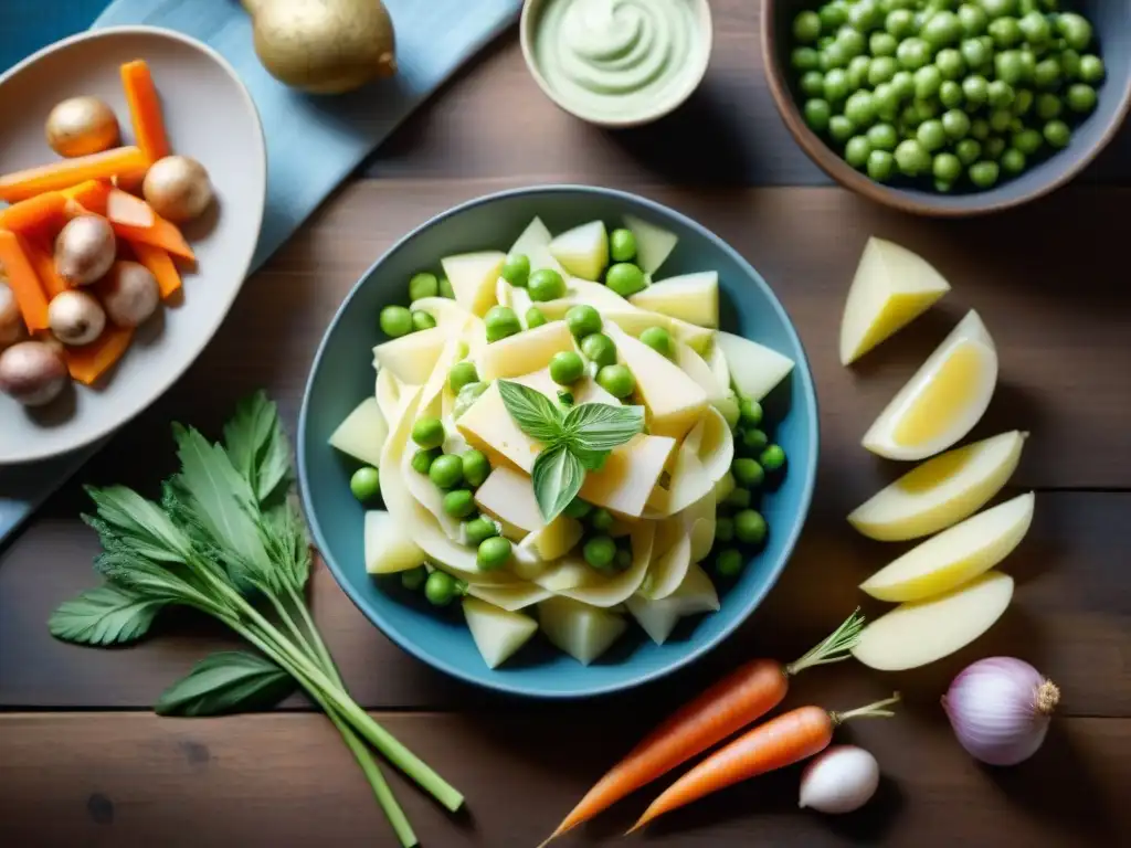 Una mezcla vibrante de ingredientes para la receta ensalada rusa tradicional, en una mesa rústica