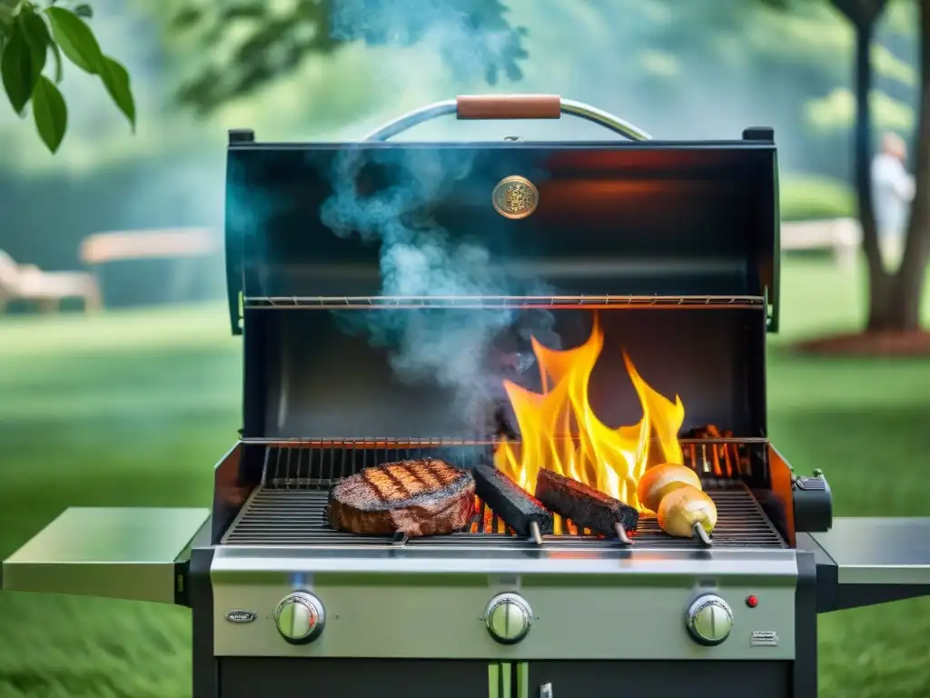 Un moderno asador de carbón con ventiladores integrados en un patio verde, creando una escena apetitosa y aspiracional