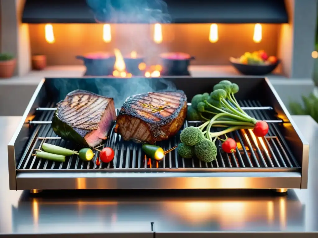 Moderno asador eléctrico rodeado de suculentas carnes y verduras, iluminado por las mejores fuentes de calor para asado