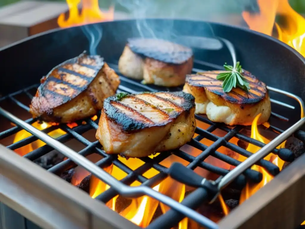 Mollejas asadas en el asador, manjar irresistible entre llamas y hierbas frescas en entorno rústico