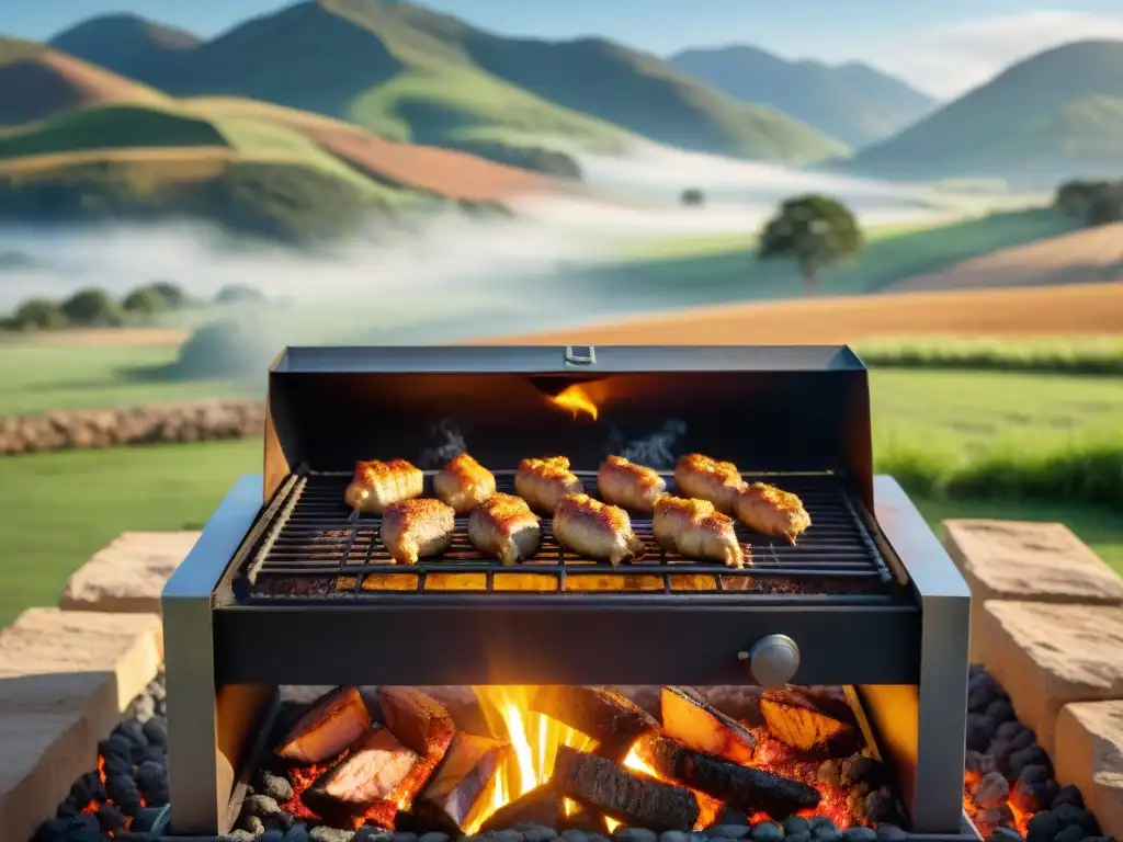 Preparación de mollejas en asador, manjar irresistible en paisaje campestre uruguayo