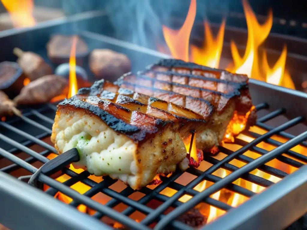 Preparación mollejas asador manjar irresistible: Asado tradicional con mollejas doradas y fuego danzante