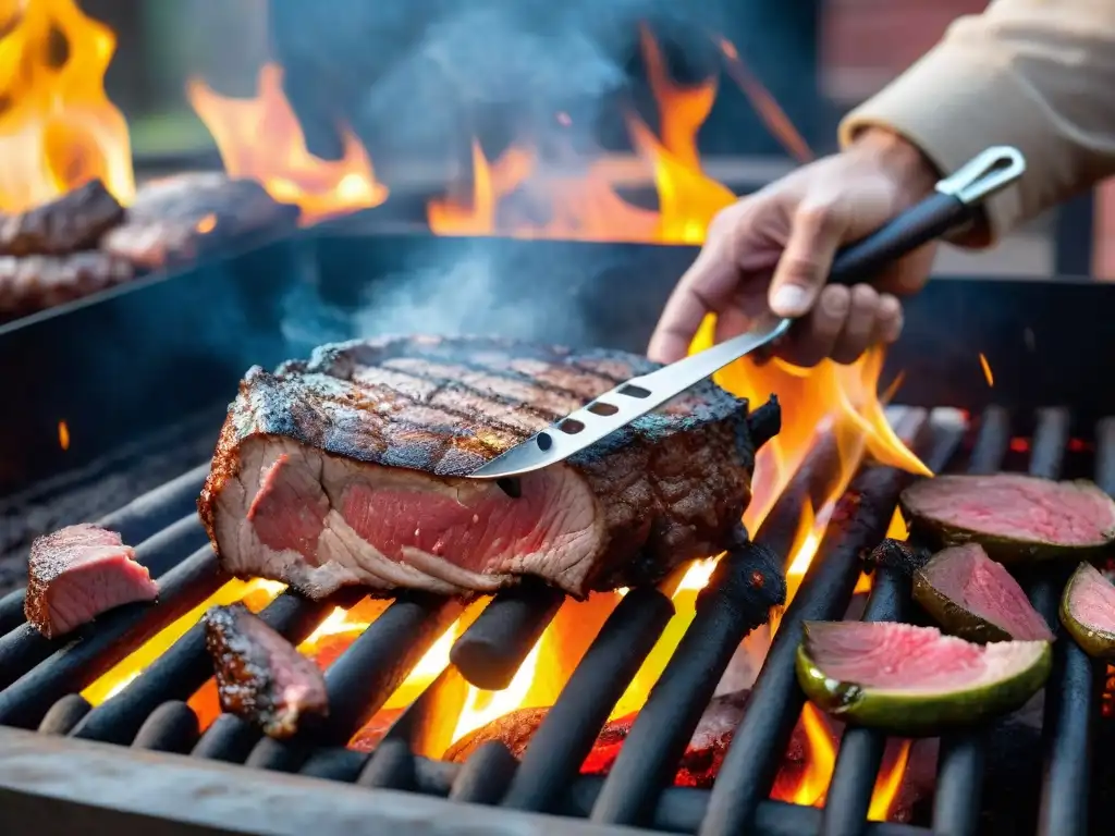 Un momento de precisión y arte culinario en una parrilla uruguaya, con cortes suculentos y pinzas expertas