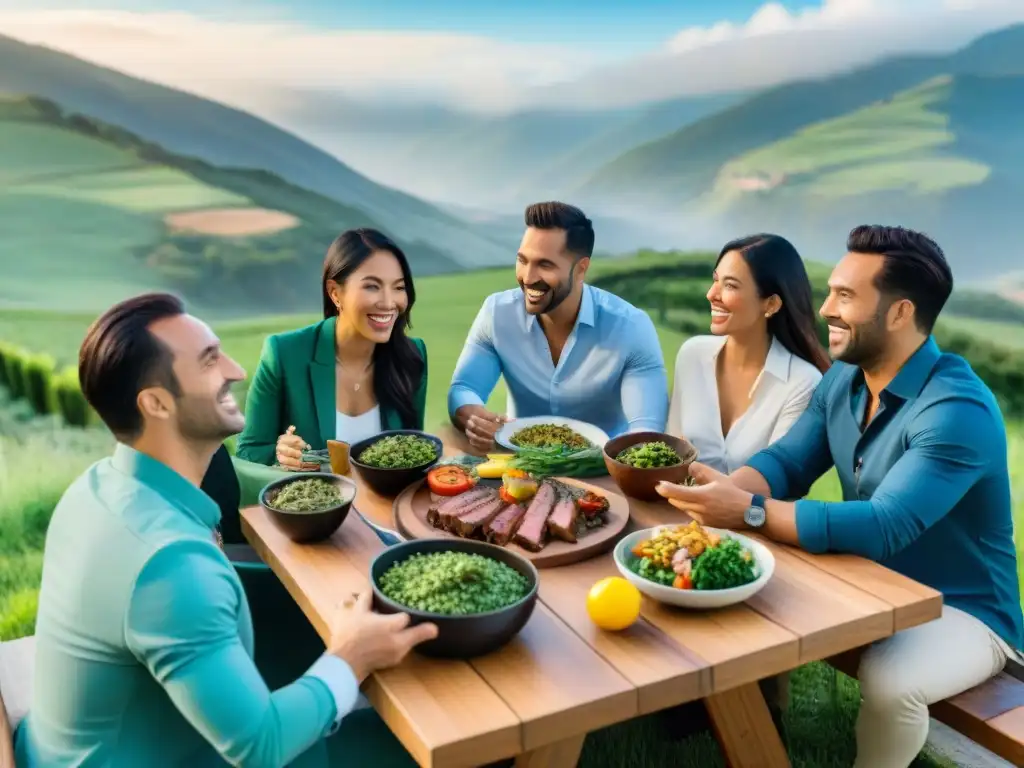 Un momento de team building con asado uruguayo: colegas disfrutan de comida y conversación en un entorno campestre