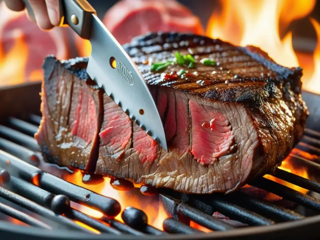 Un momento mágico en una parrilla uruguaya: Técnicas de corte para asado en acción, con jugos y luz dorada