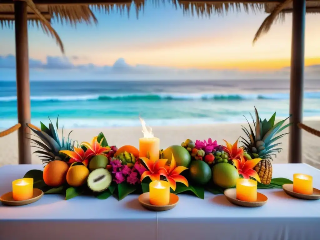 Montaje de evento temático luau con flores tropicales, antorchas y frutas exóticas en mesa decorada, al atardecer en la playa