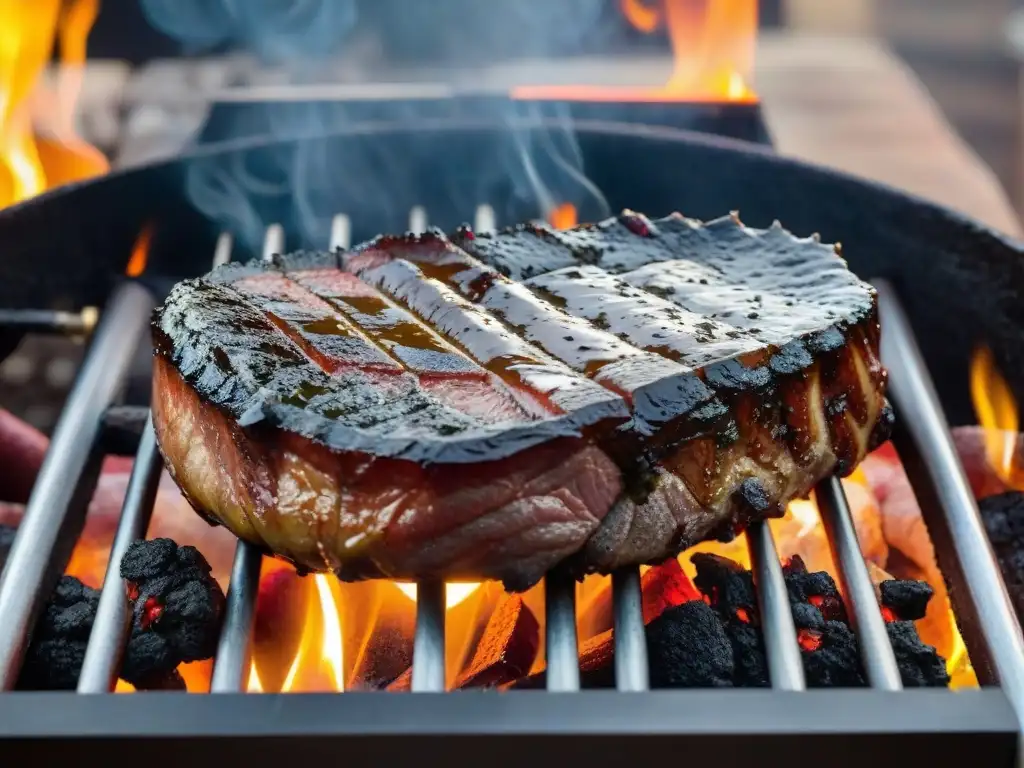 Un morcillo jugoso cocinándose lentamente en un asado uruguayo, rodeado de brasas incandescentes y gauchos expertos