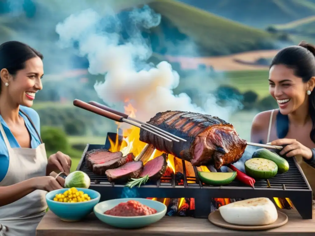 Mujeres desafiando estereotipos en un asado uruguayo, disfrutando y cocinando con pasión en un ambiente rural vibrante y auténtico