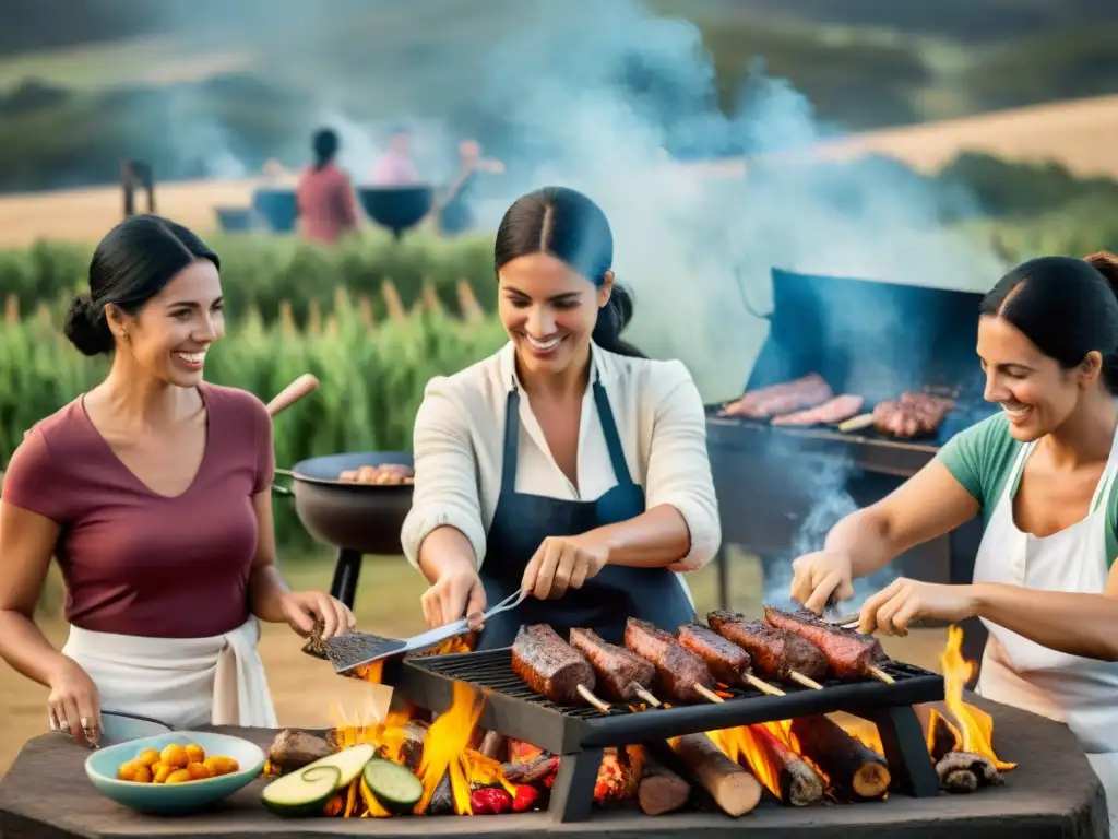 Mujeres uruguayas desafían estereotipos al cocinar un asado con alegría y destreza en un entorno vibrante y auténtico