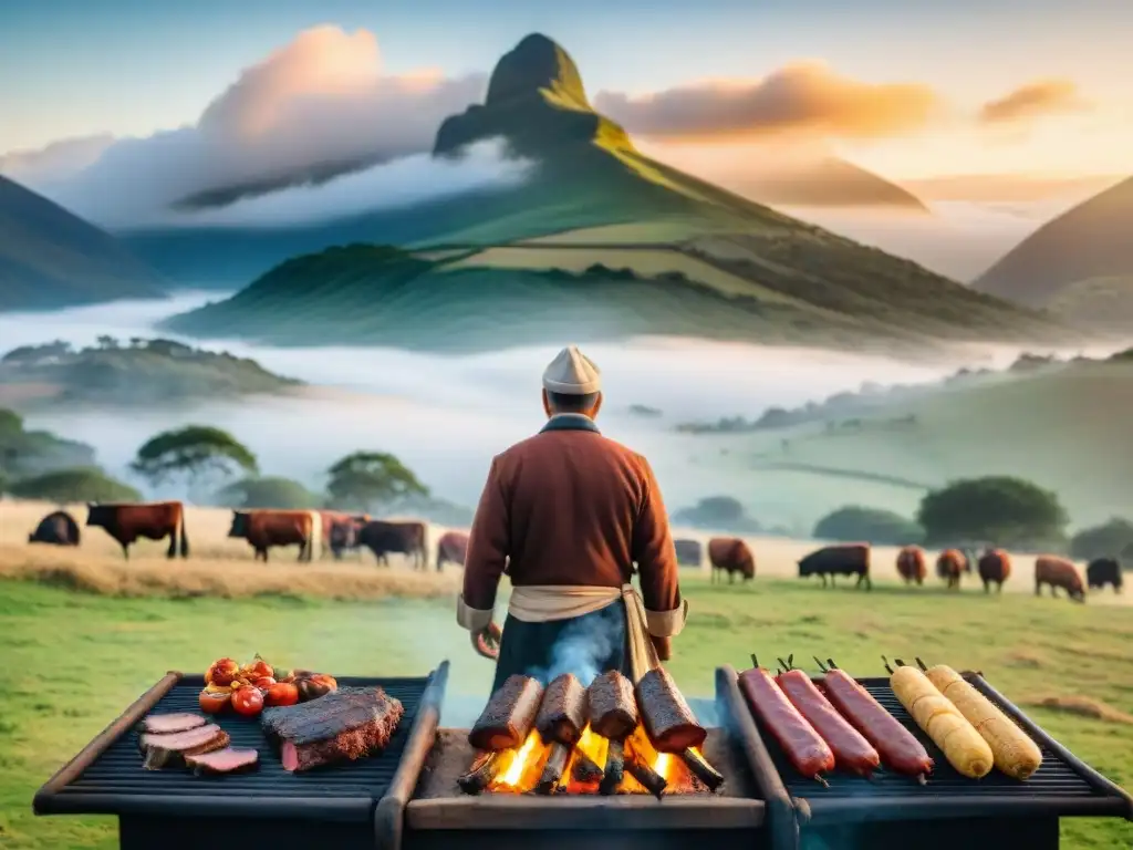 Competir en el mundo del asado uruguayo: Gauchos asando carne en el campo al atardecer